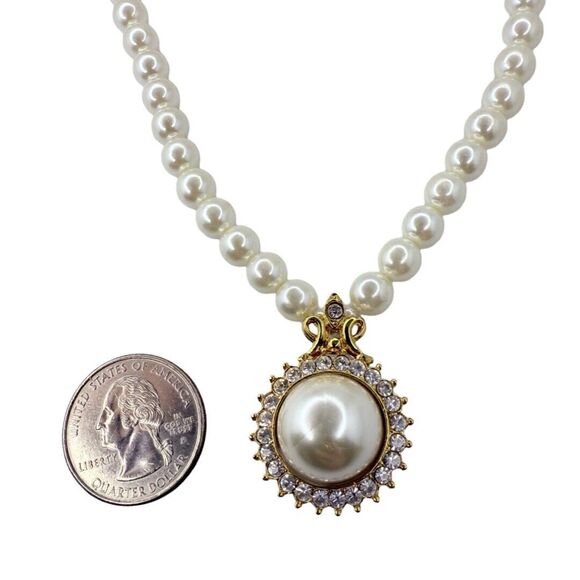VTG White Pearl Icy Crystal Pendant Necklace 18" Gold Formal Wedding - Picture 16 of 16